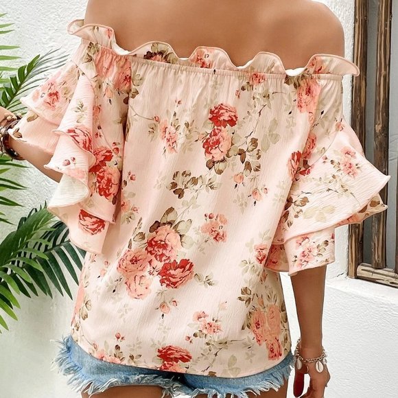 Floral Print Off Shoulder Ruffle Trim Flounce Sleeve Blouse - Picture 3 of 5